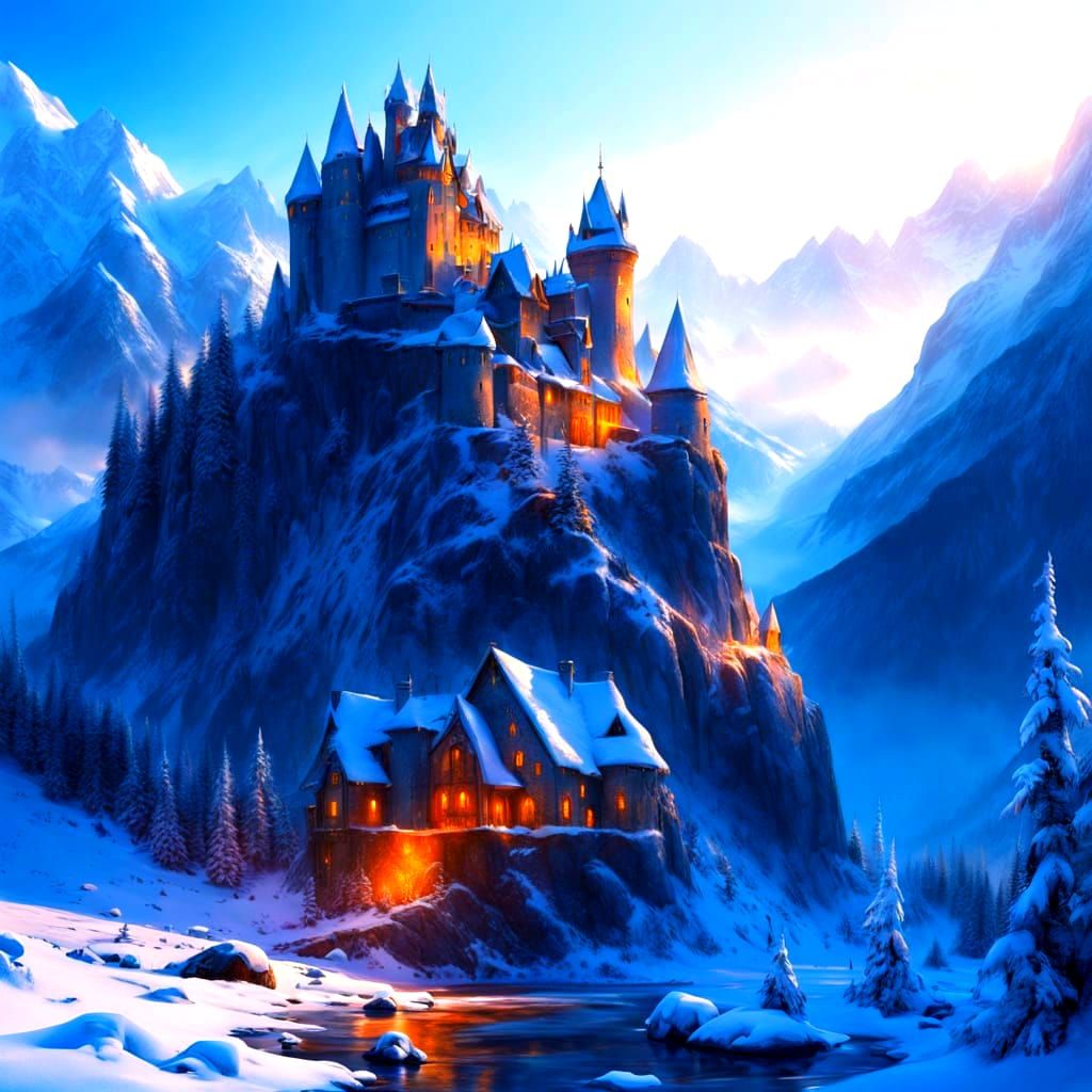 Majestic Winter Mountain Fortress Amidst Snow and Ice