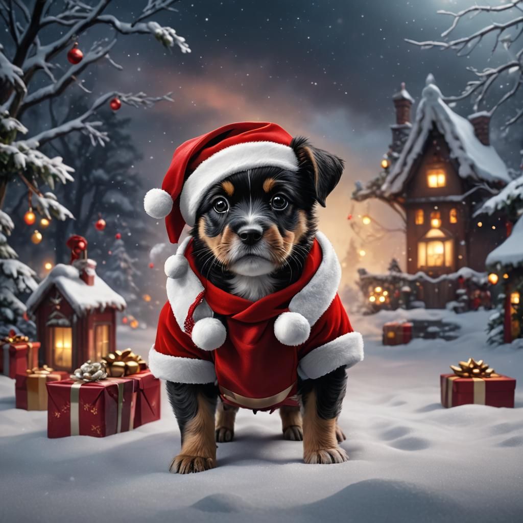 Puppy Santa Claus with Christmas Presents