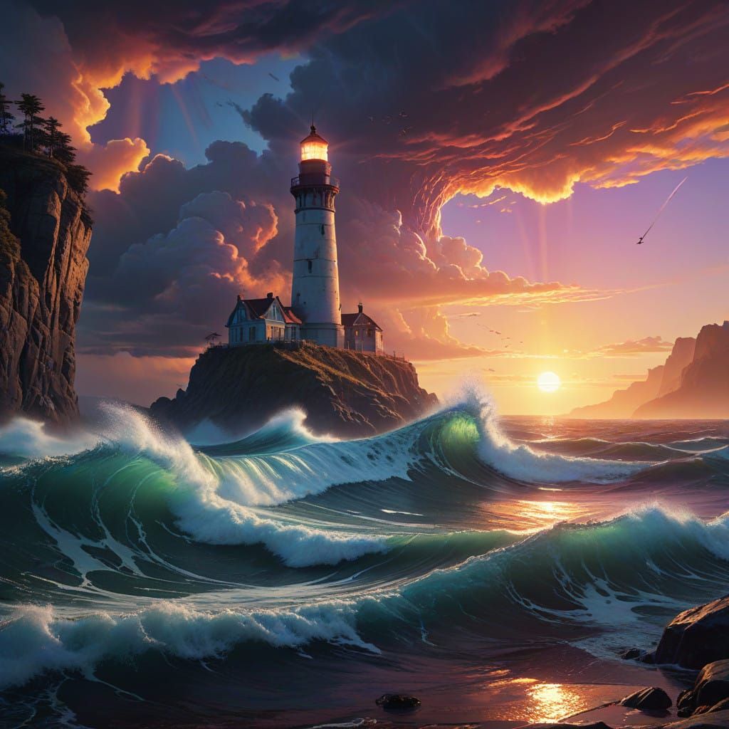 Ethereal Lighthouse Amidst Turbulent Waves in Vibrant Synthw...