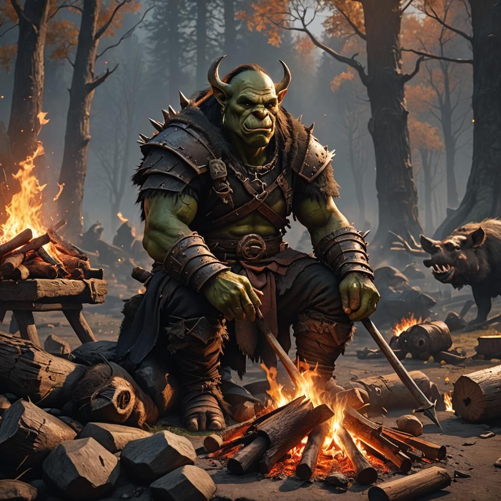 Half-Orc Roasting Boar: Fantasy Concept Art