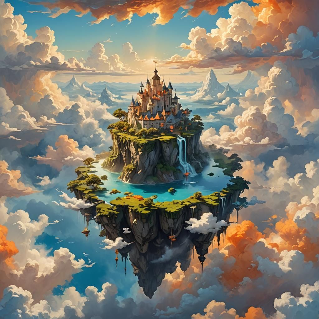 Themyscira Floating Island: Romanticism Oil Painting