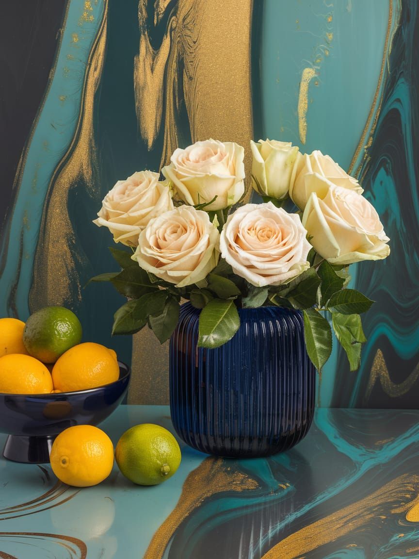 Still Life with Roses, Lemons, and Abstract Background
