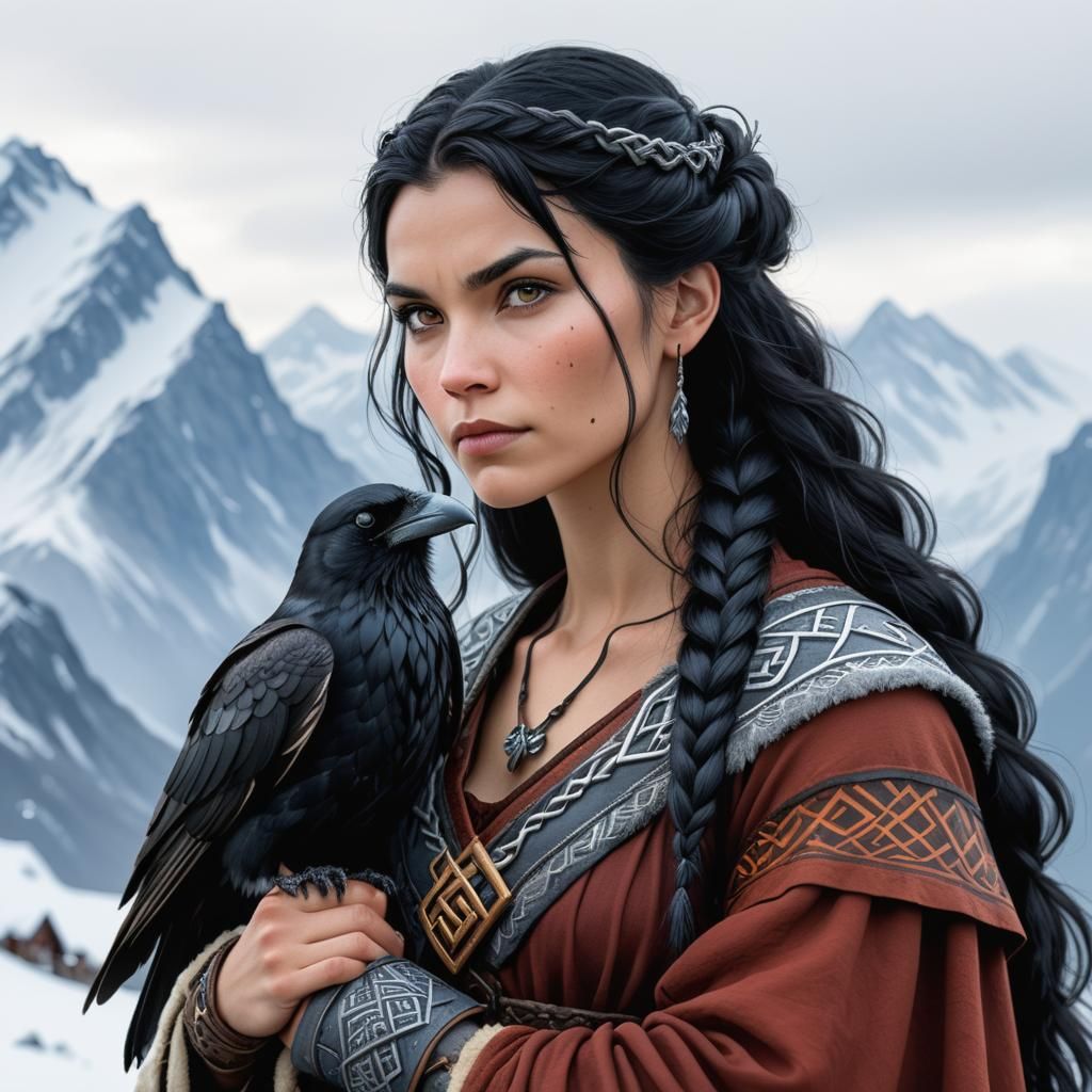 Viking Woman with Raven in Norse Landscape