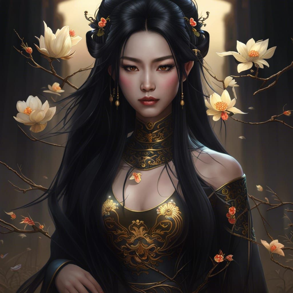 Golden-Eyed Woman in Traditional Dress, Digital Art