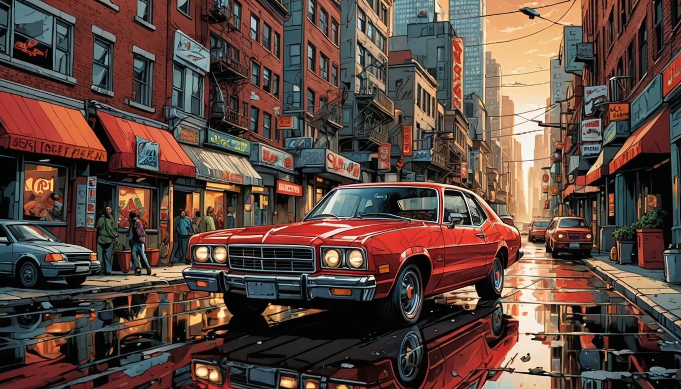 1980s Red Car in Comic Book Style