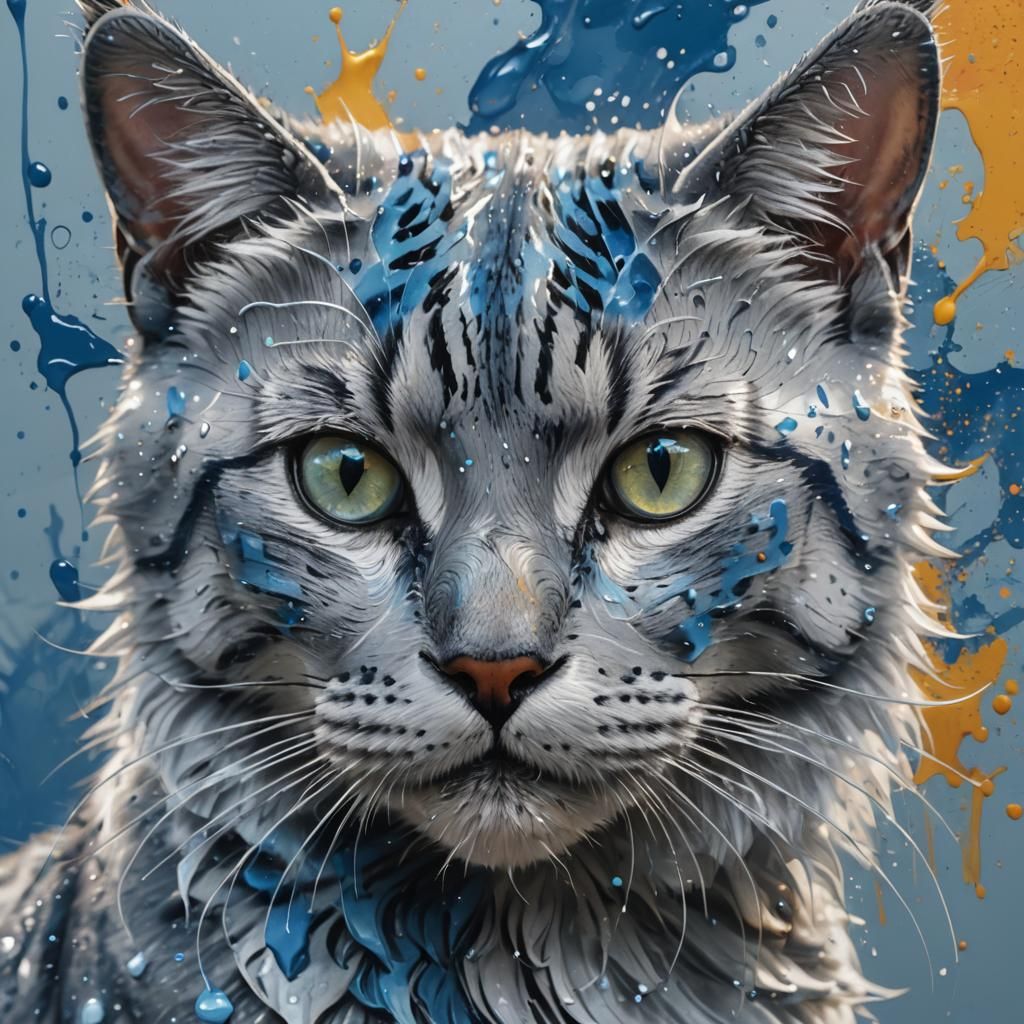 Hyperrealistic Silver-Blue Cat Splash Art Portrait