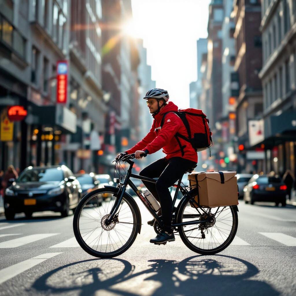 Bike Courier Delivers Package on Busy City Street