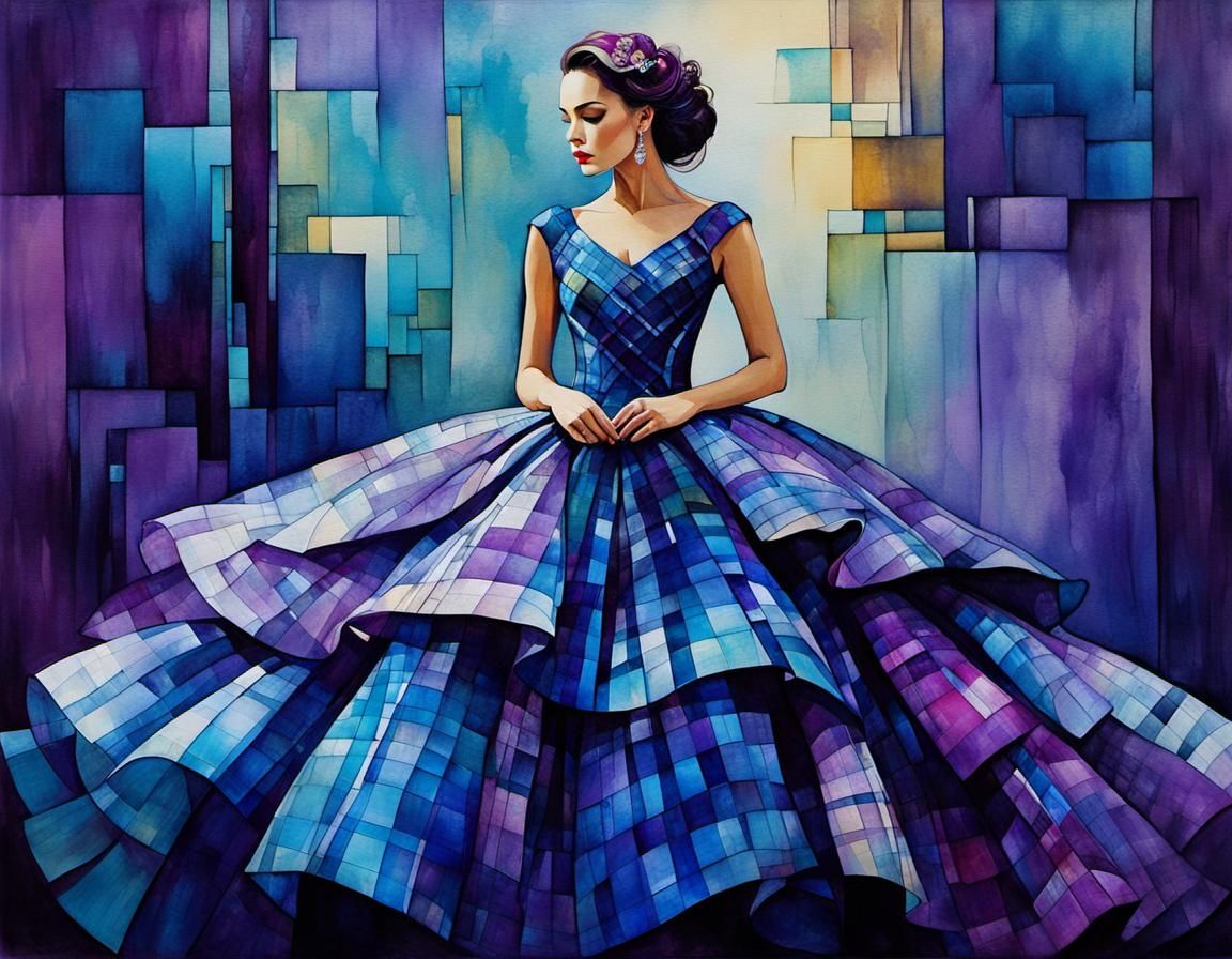 Plaid Ballgown: Surreal Alcohol Ink Illustration