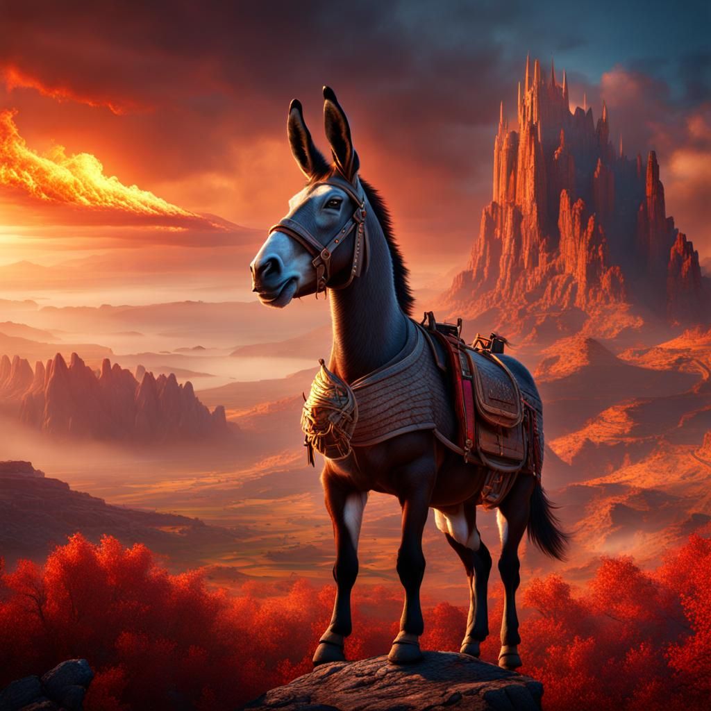 Giant Donkey Dominates Fiery Landscape