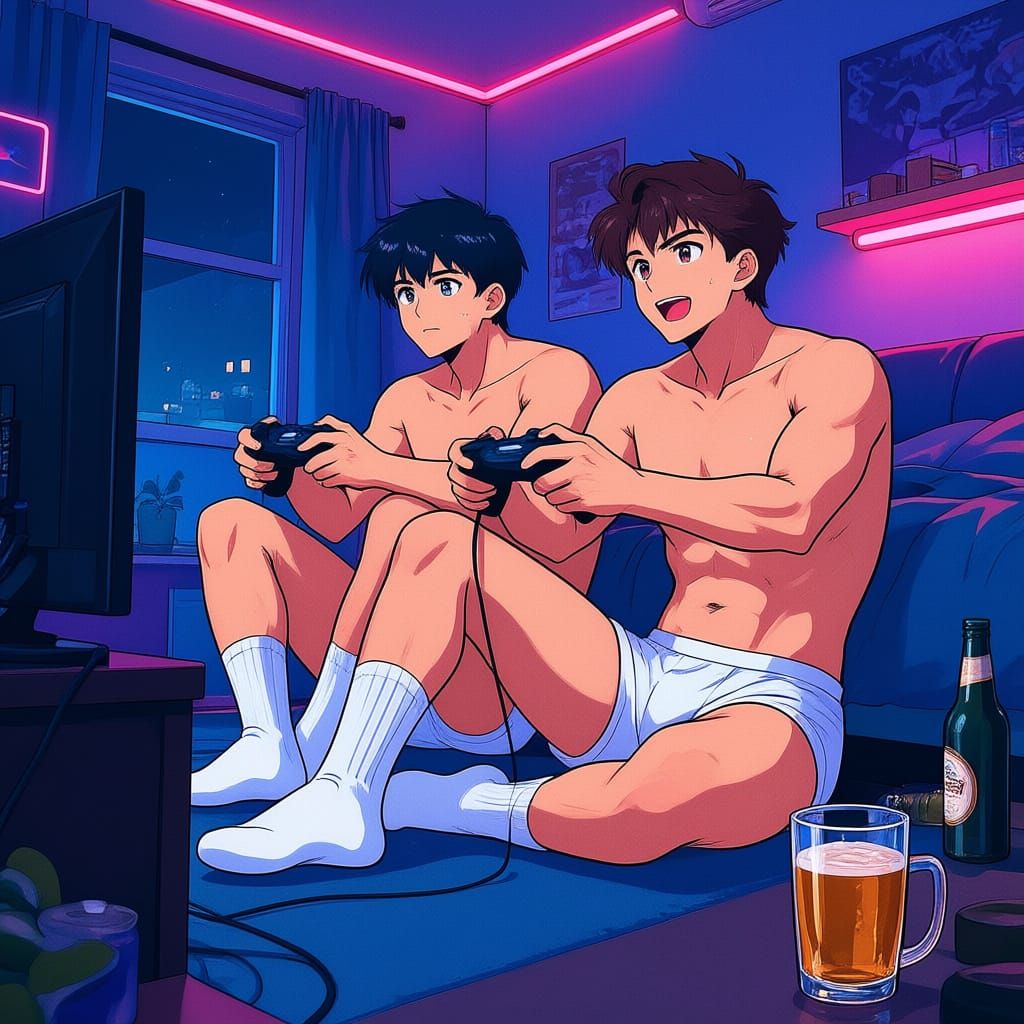 Anime Style Image of College Friends Gaming