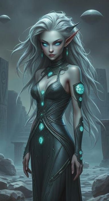 Alien Queen in Ruins: Vibrant Sci-Fi Art