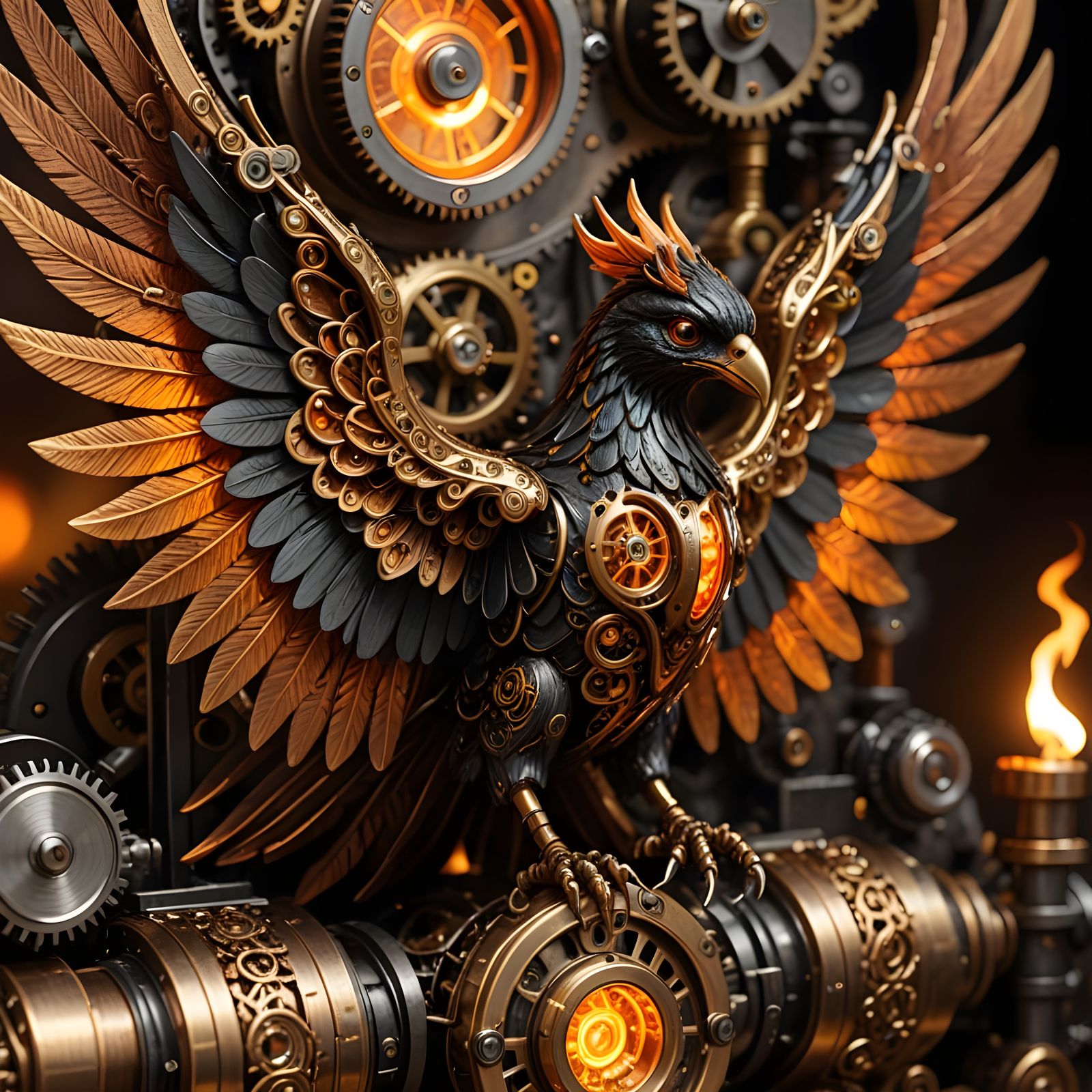 Steampunk Automaton Phoenix Wings in Molten Gold Light
