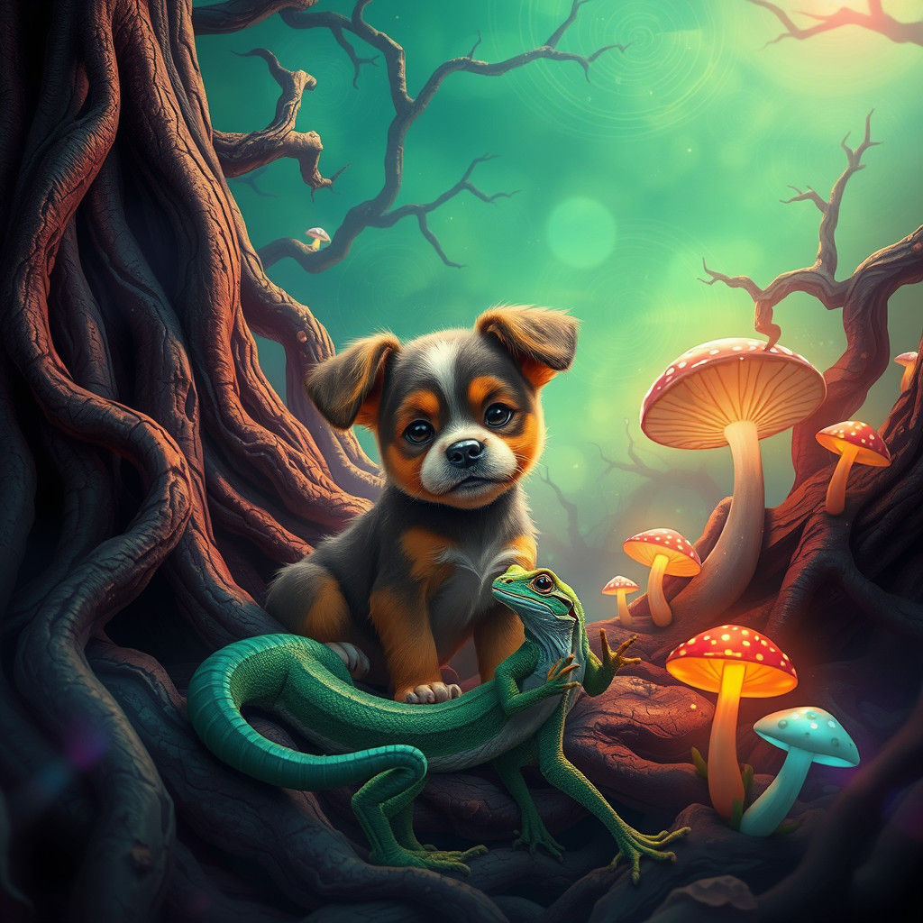 Puppy and Lizard Companions in Mystical Forest