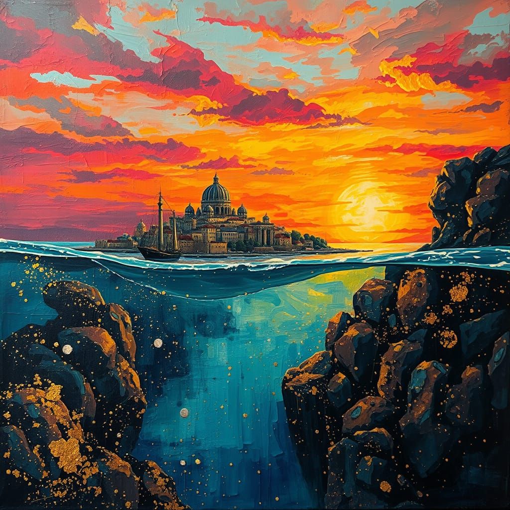 Atlantis at Sunset: Impasto Oil Painting with Gold Leaf