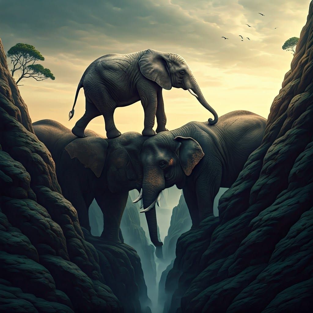 Elephants Form a Dreamlike Bridge over a Misty Gorge