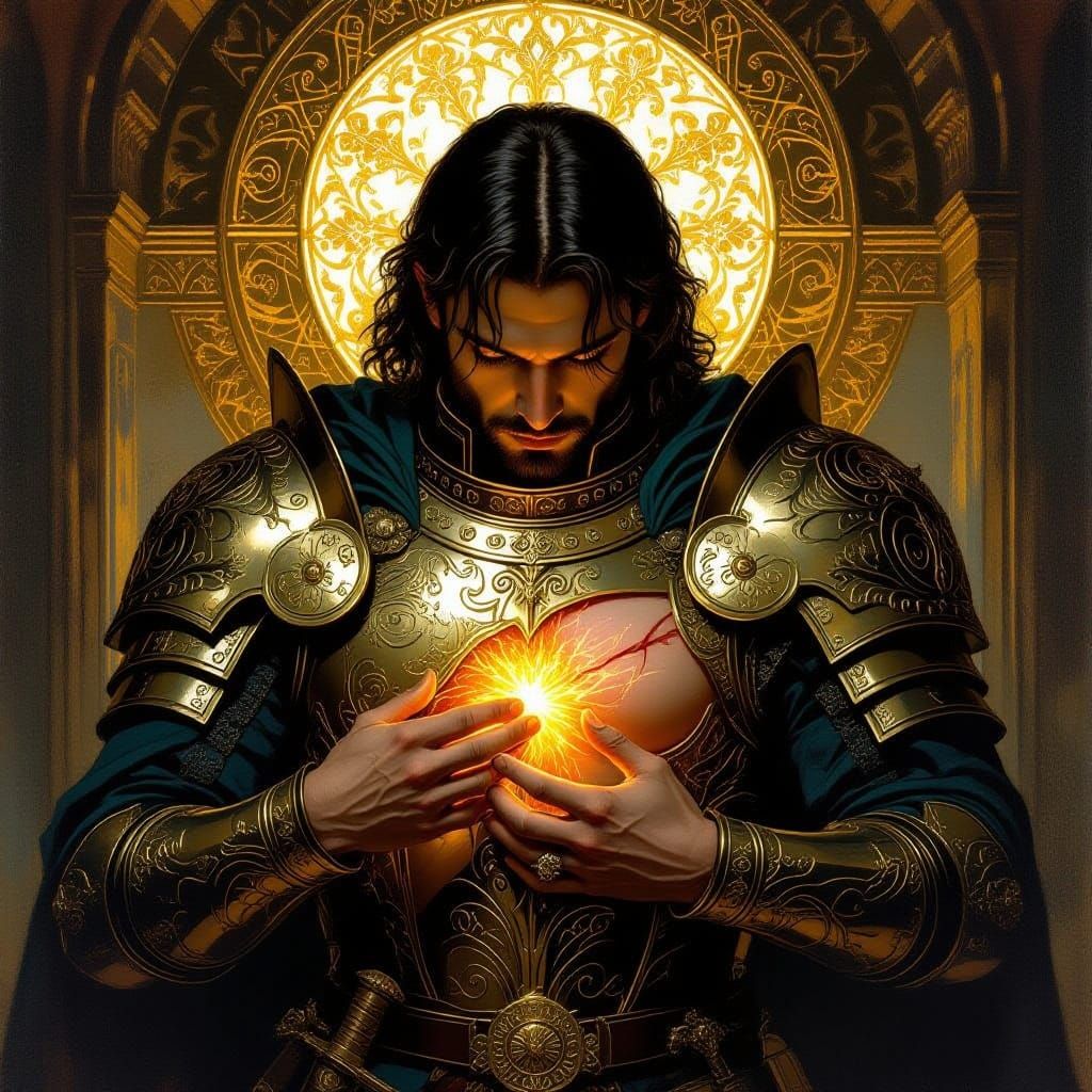 Serene Warrior in Mystic Armor Offers Devotion with Golden S...