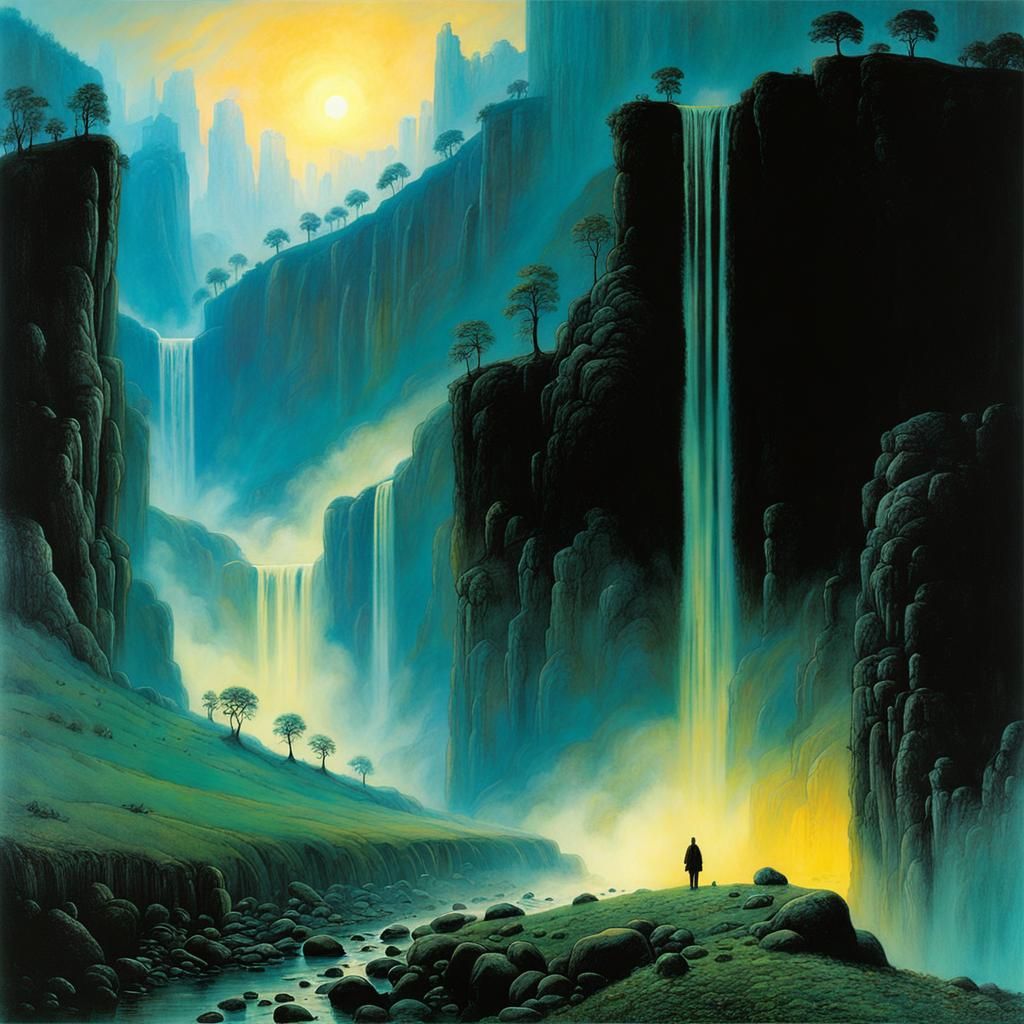 Ethereal Sunrise Waterfall in Surrealist Style