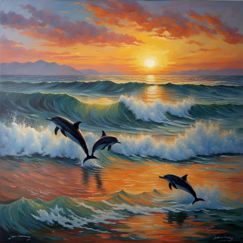 Dolphins at Sunset: Oil Painting
