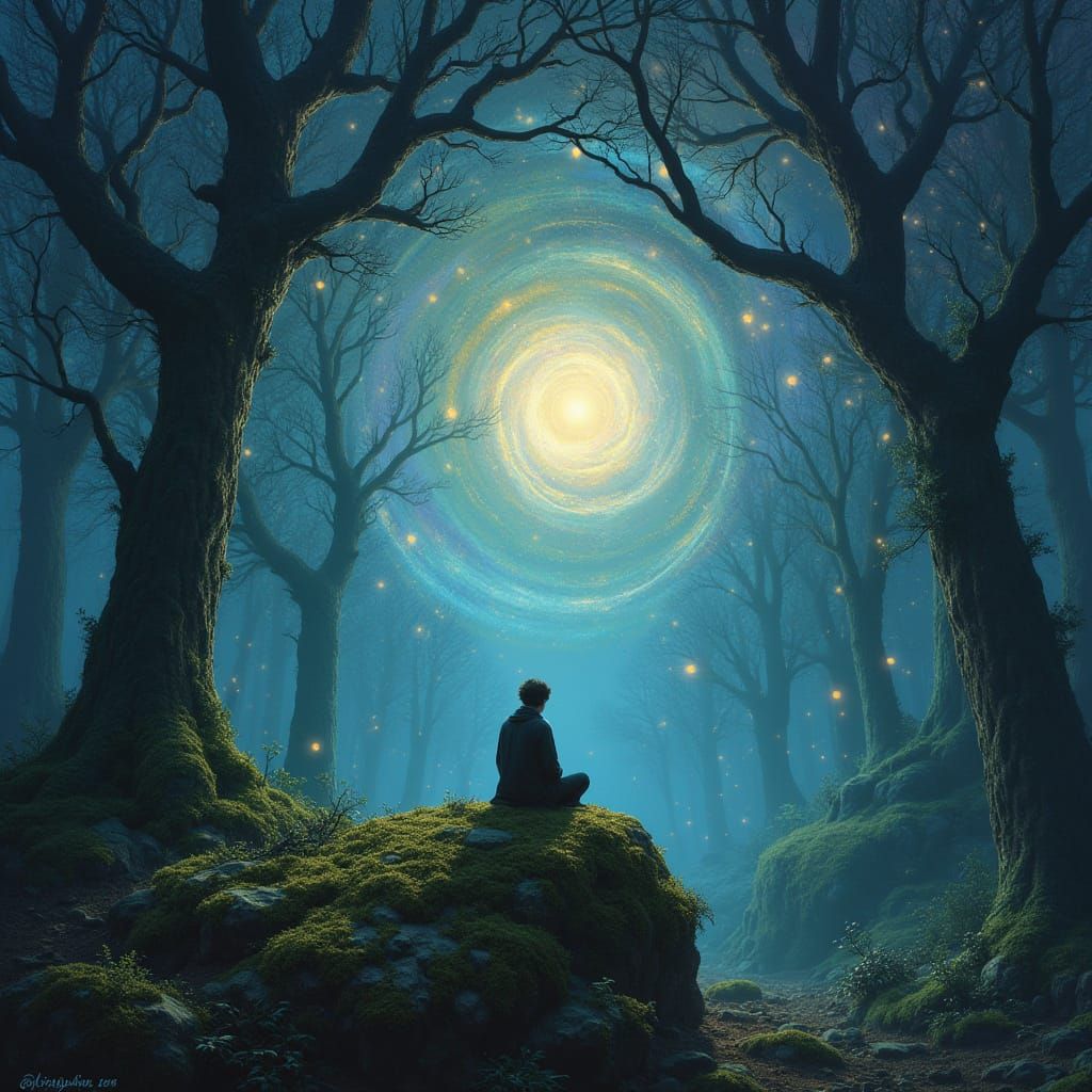 Figure Gazes at Nebula Mirroring Forest Canopy