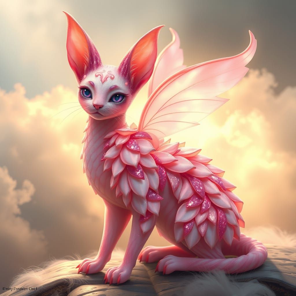 Ethereal Rose Petal Feline in Dreamlike Realms
