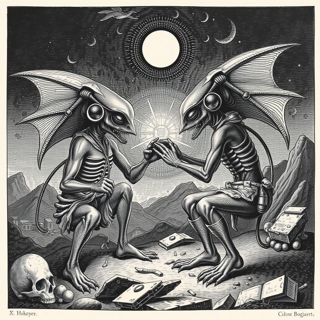 Aliens in Copperplate Engraving Style