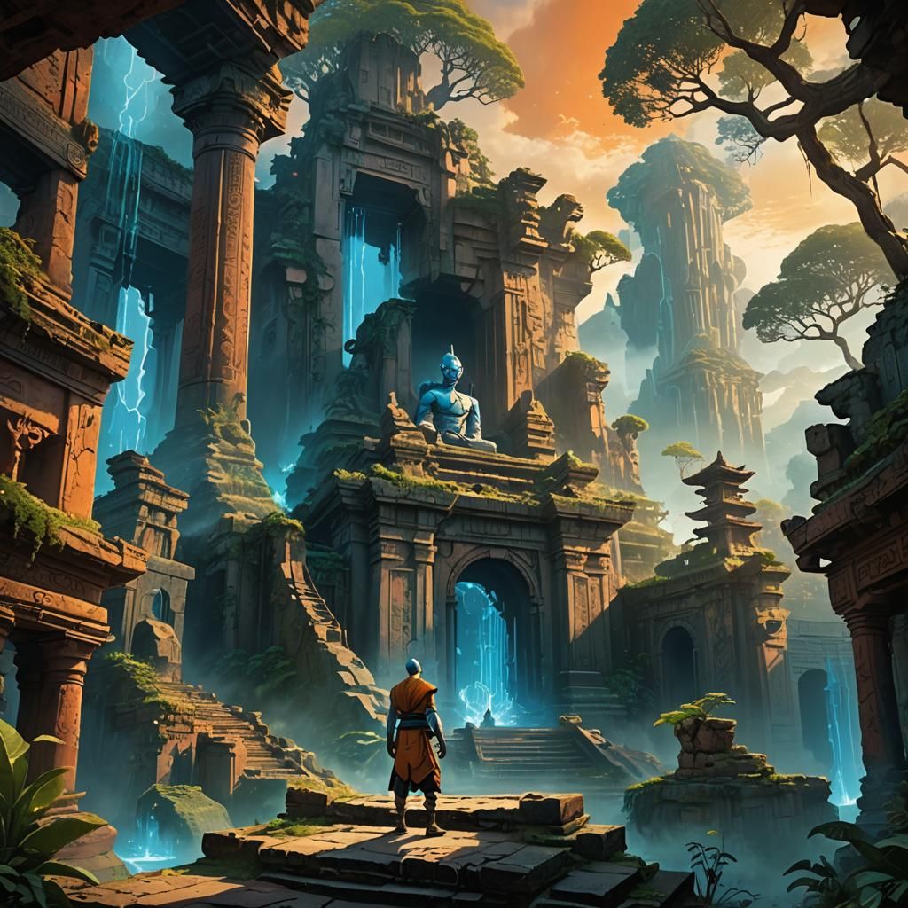 Aang in Air Temple Ruins: Fantasy Concept Art