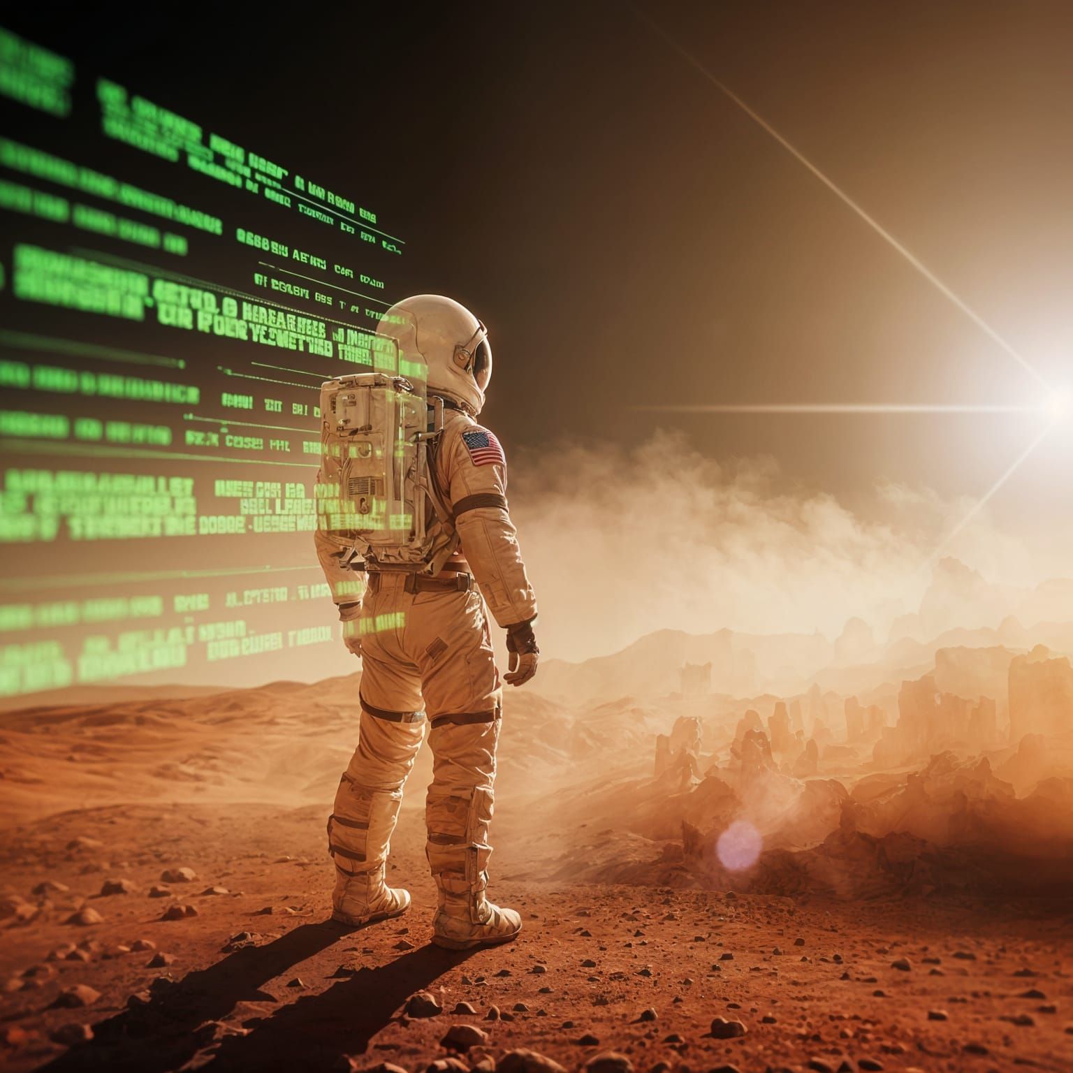 Astronaut Surveys Mars in Neon Green Haze