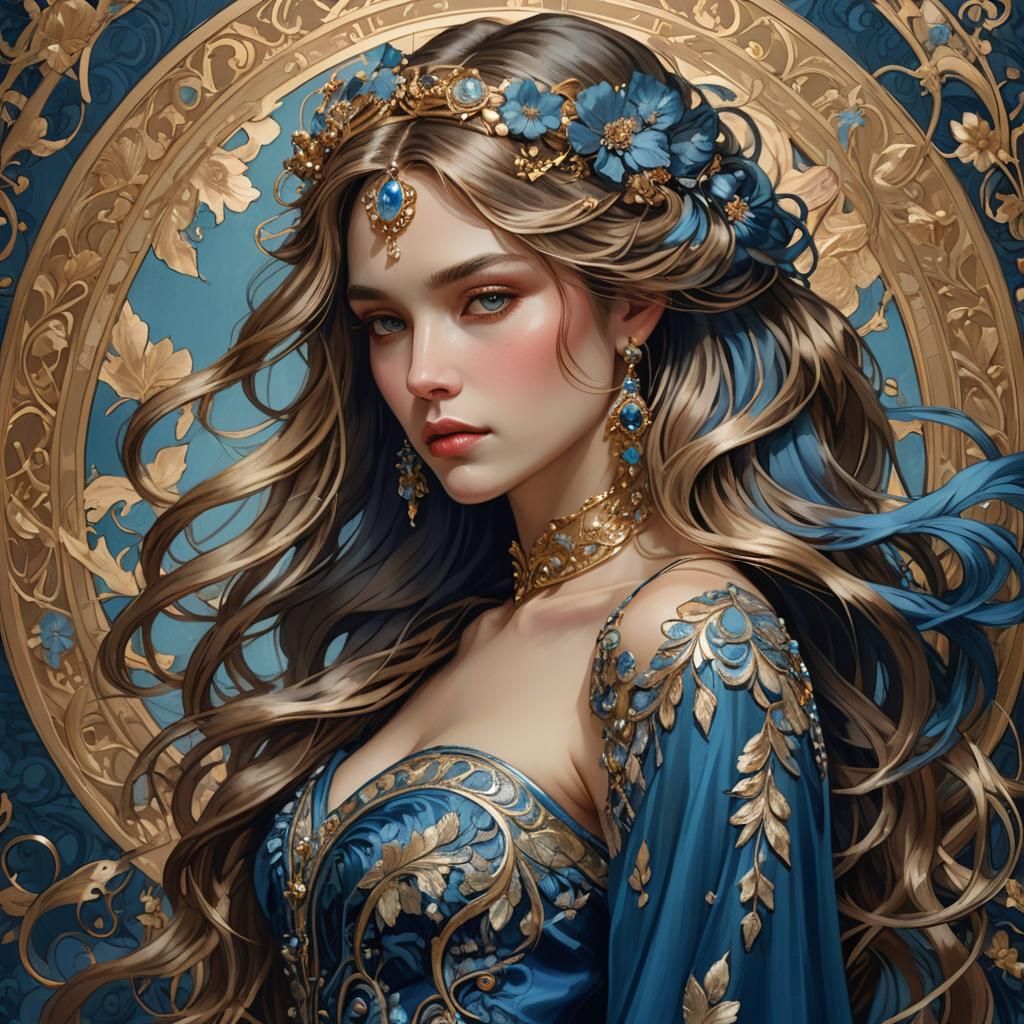 Elegant Woman in Blue Gown, Art Nouveau Portrait