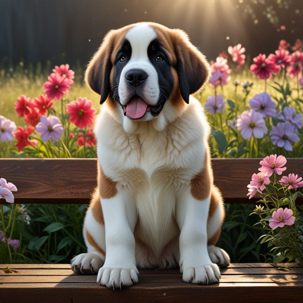 St Bernard Puppy in Field as Oil Painting
