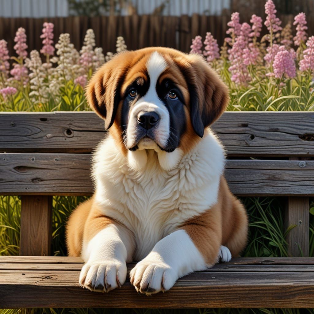 St Bernard Puppy in Field of Flowers: Oil Painting