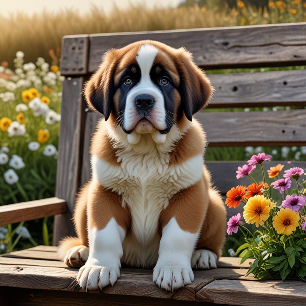 St Bernard Puppy in Flower Field: Oil Painting
