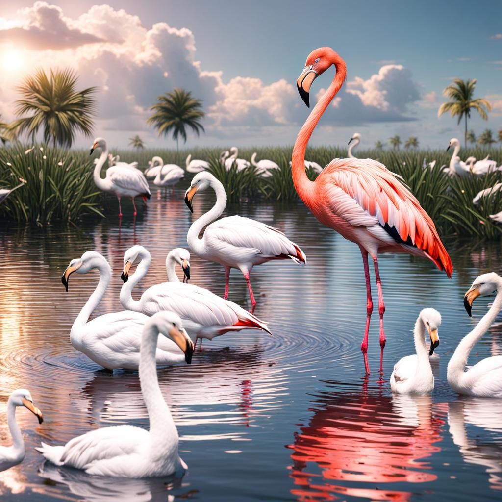 pink flamingo standing on edge water beach in everglades with swans,red birds,humming birds,red birds ,ultra real,realis...