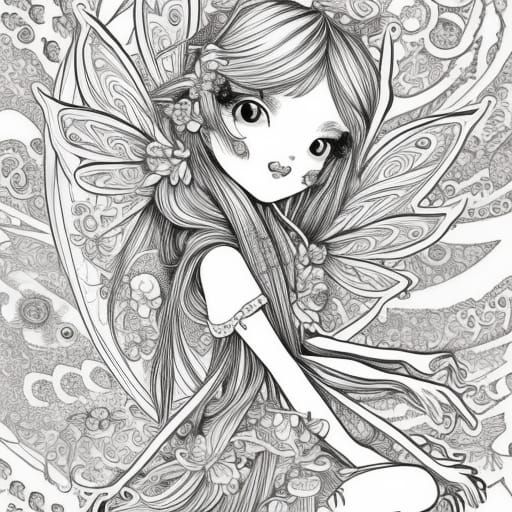 Cute Fairies Playing: Intricate Kawaii Style Line Art