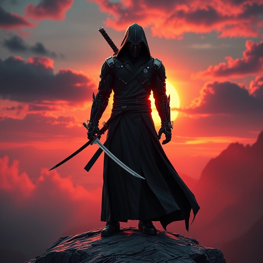 Cyborg Ninja Silhouette on Windswept Cliff as Digital Painti...