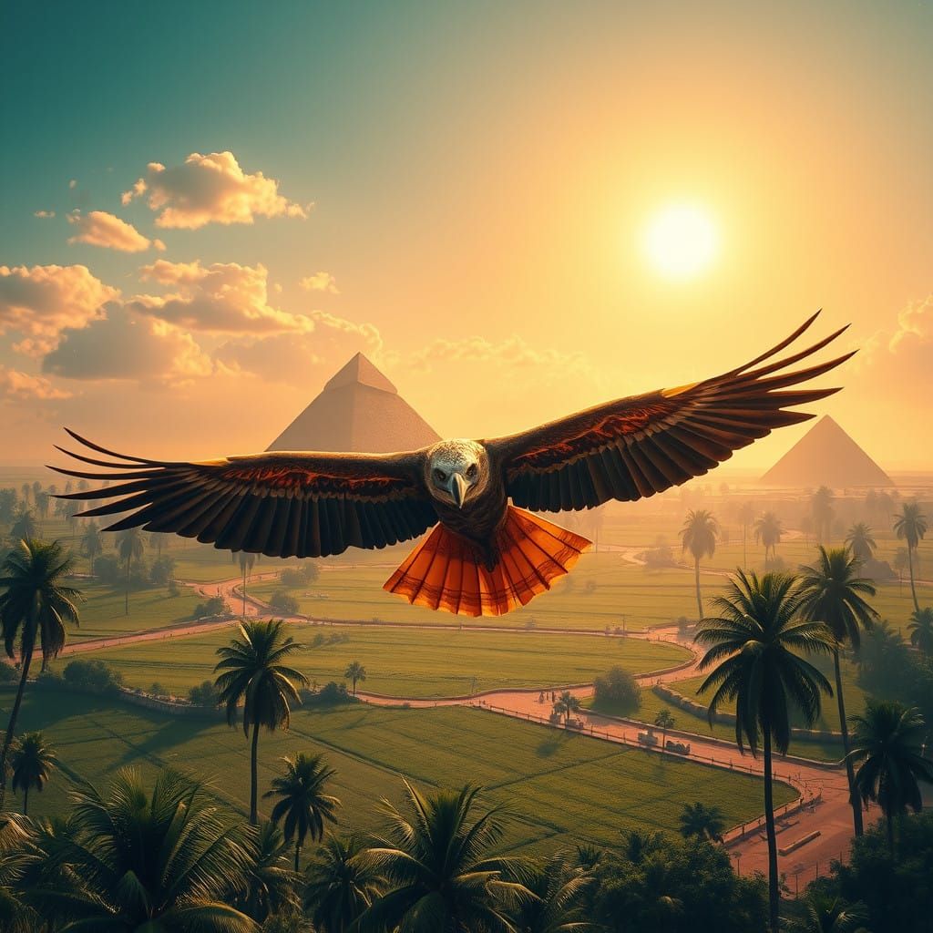 Eagle Soars Over Ancient Nile Valley in Golden Light