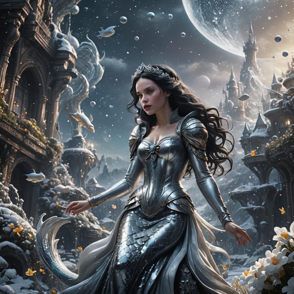 Snow White Space Mermaid with Silver Sparkles