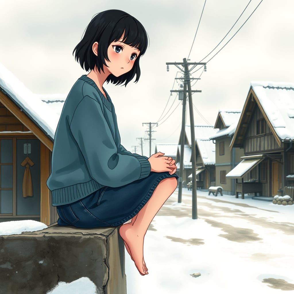 Melancholic Woman in Snowy Japanese Village, Ghibli Style