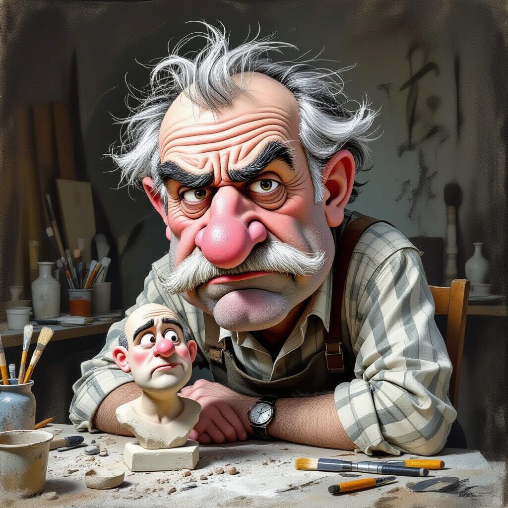 Grumpy Sculptor Caricature in Charcoal Drawing Style