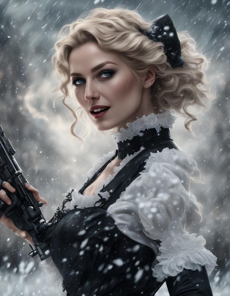 Woman with Laser Rifle in Snowstorm, Digital Art
