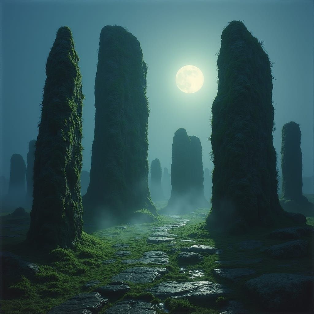 Mysterious Twilight Standing Stones in Ethereal Mist