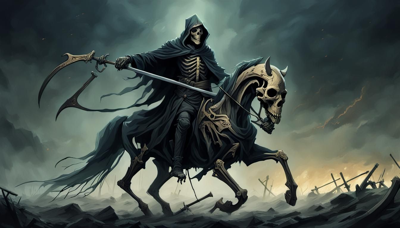 Grim Reaper on Skeletal Steed: Dark Fantasy Art