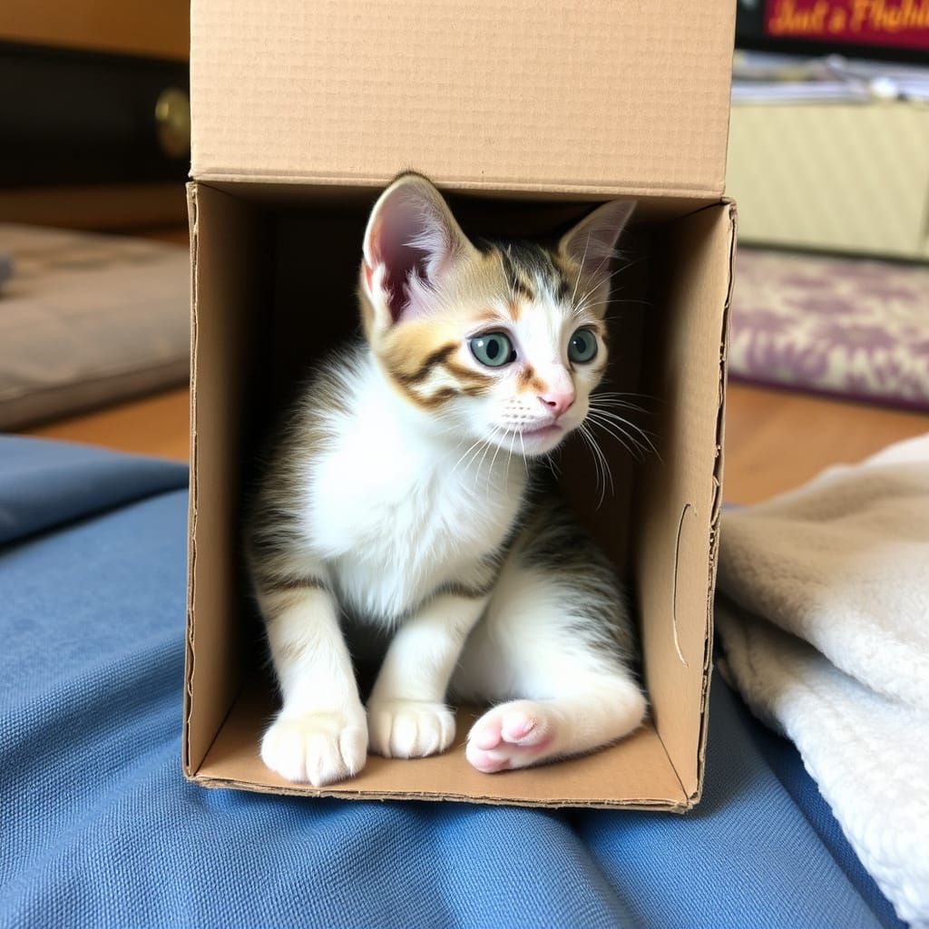 Kitten in Tiny Box: Whimsical Illustration