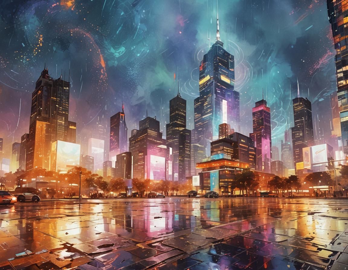 Vibrant Futuristic Cityscape in Digital Watercolor Style