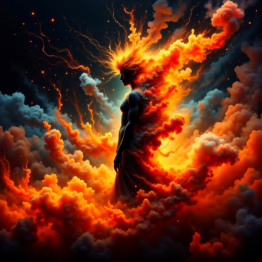 Hyperdetailed Figure Emerges from Swirling Flames