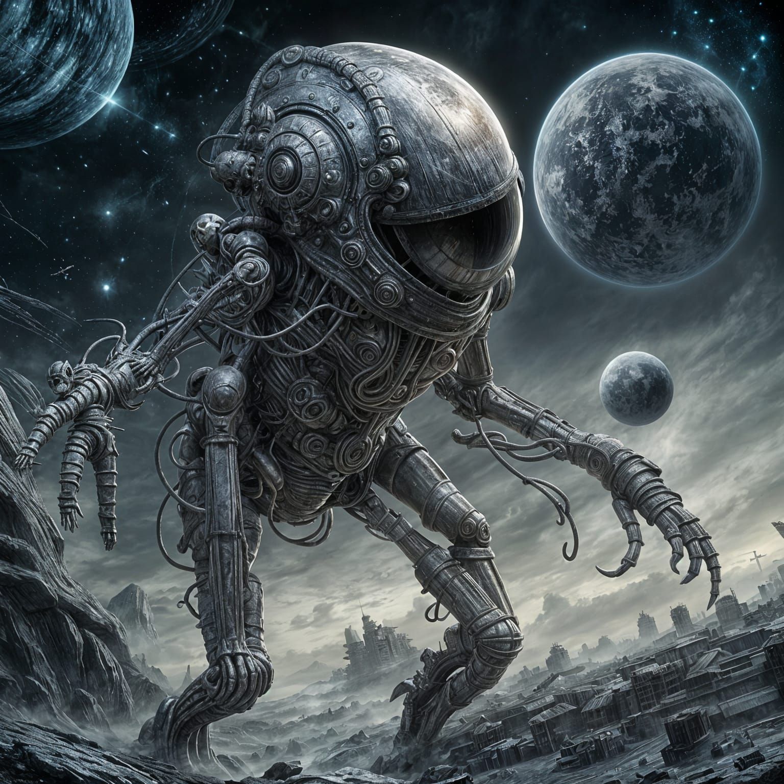 Astronaut Adrift in Cosmic Nebula, Giger-esque Art