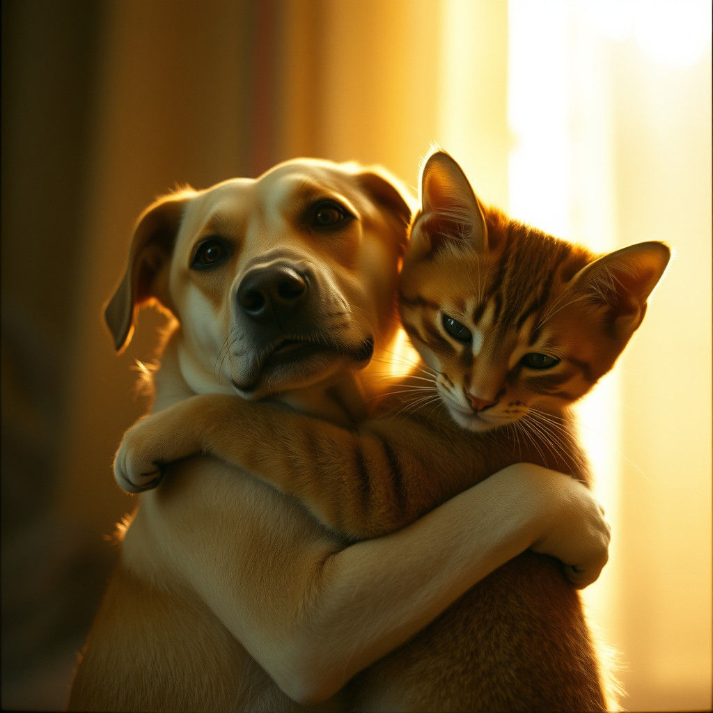 Dog and Cat Embrace in Golden Light