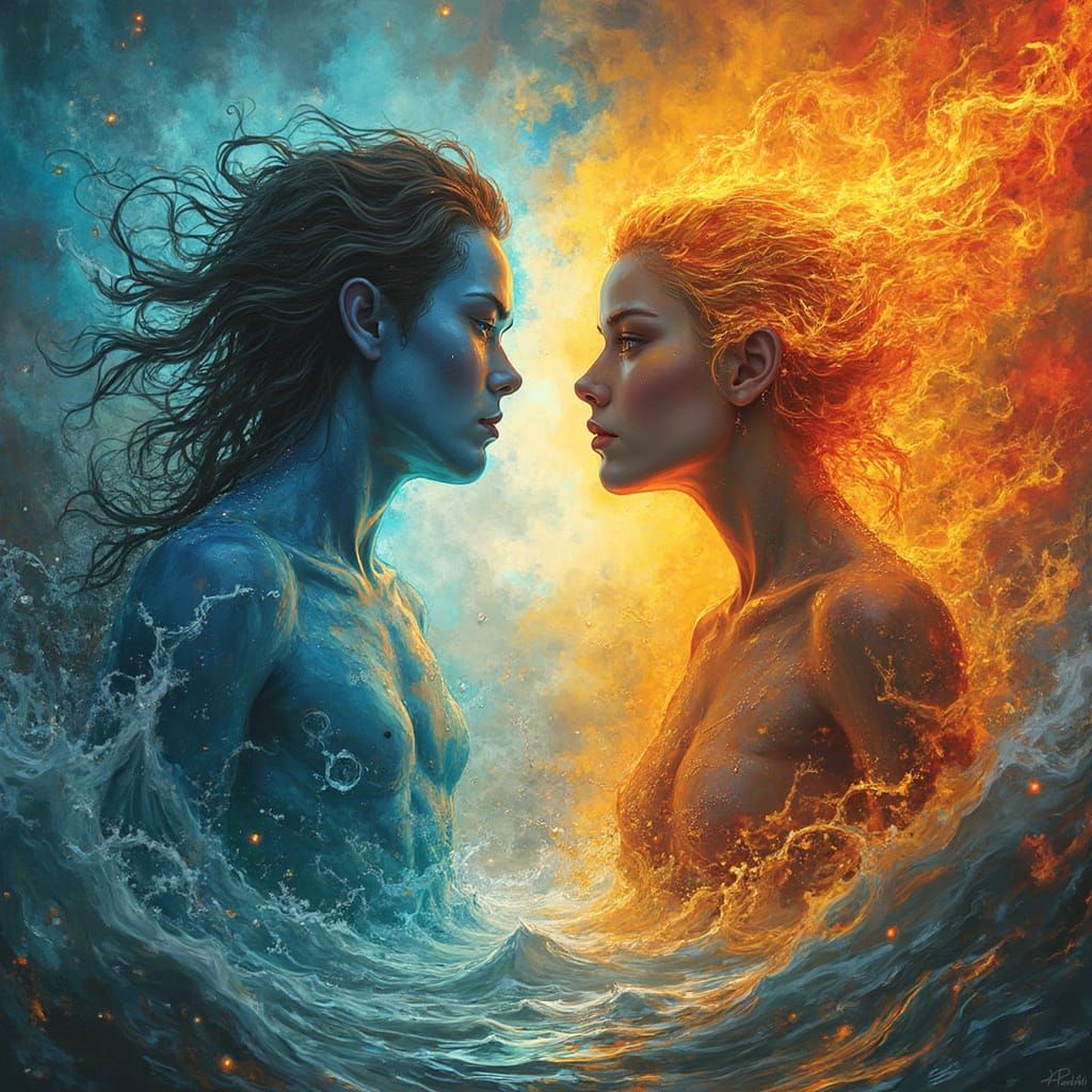 Elemental Battle: Water vs. Fire in Graphic Novel Style