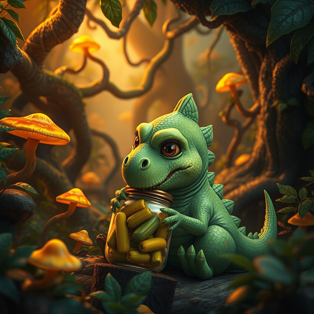 Dinosaur Eating Pickles in a Lush Forest