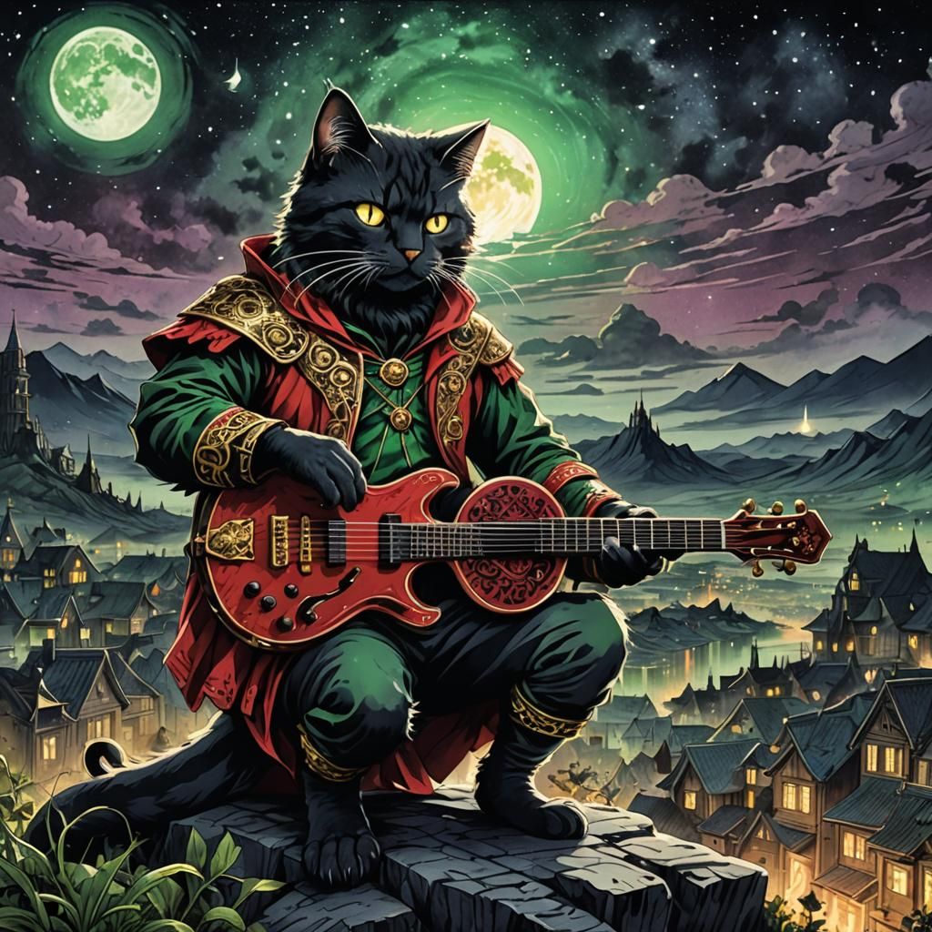 Dark Fantasy Cat Bard in 80s Anime Style