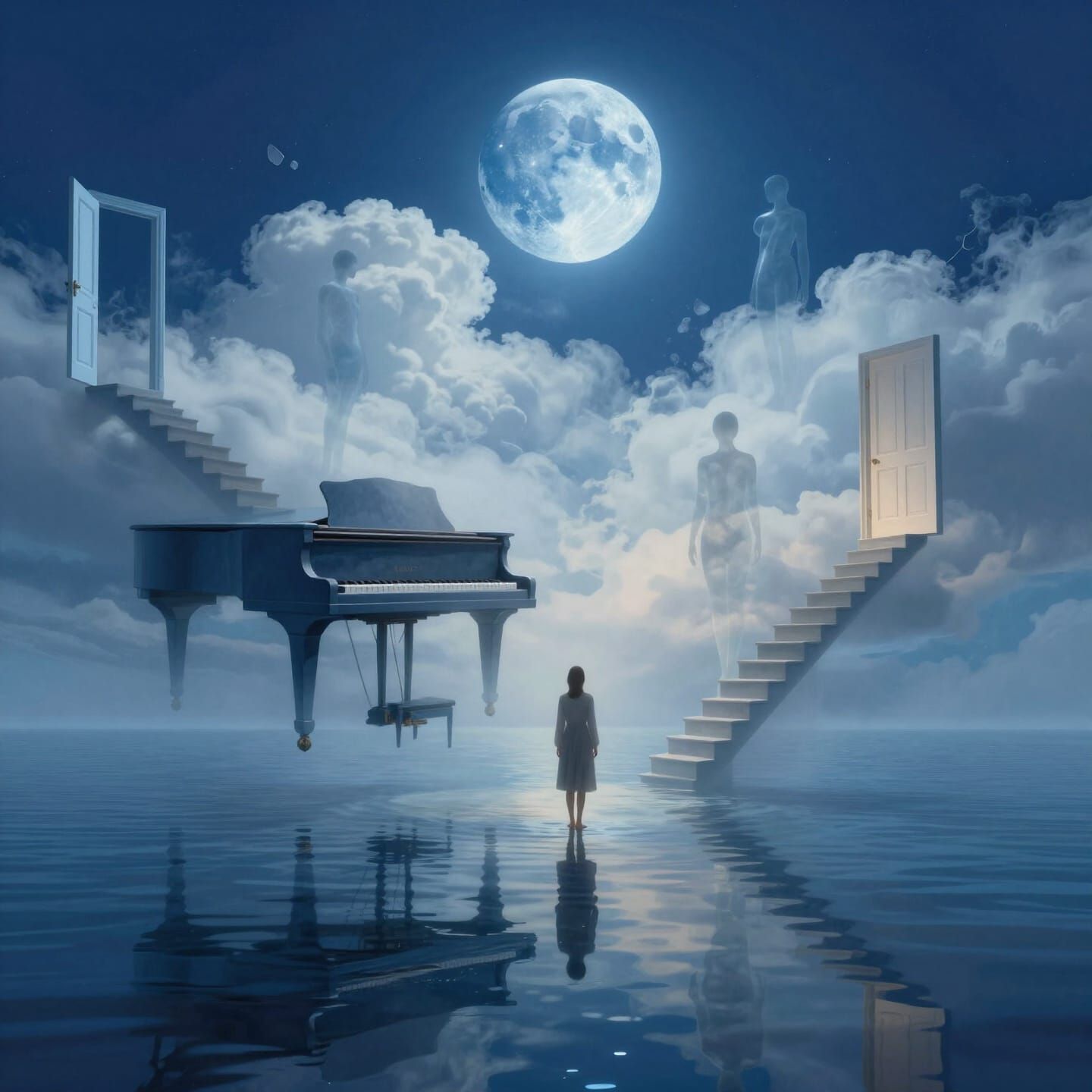Surreal Dreamscape: Floating Piano and Figures in Blue Ocean